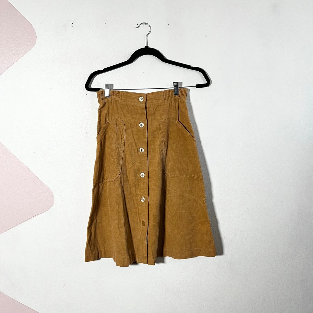 Vintage Corduroy Midi Skirt Womens 8 Tan Button Front Academia Cottage